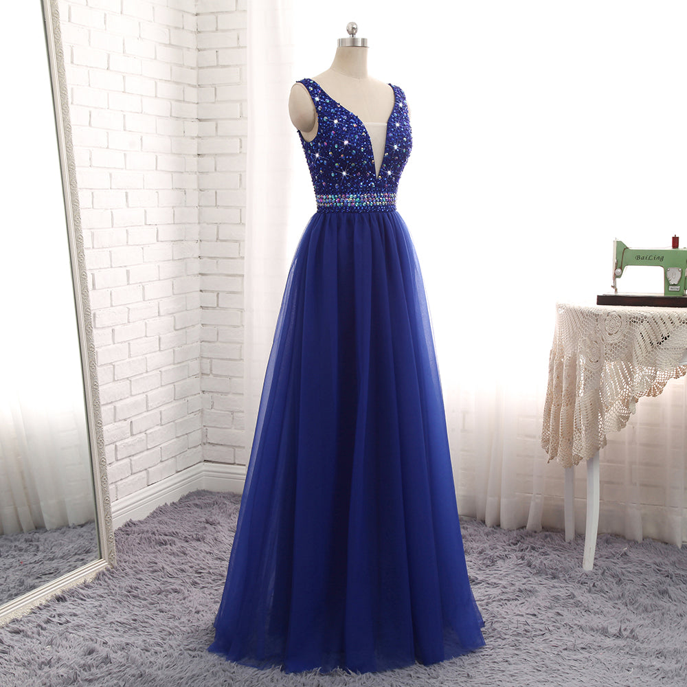 Gorgeous Royal Blue Beaded V Neckline Long Party Dress, Blue Junior Prom Dress