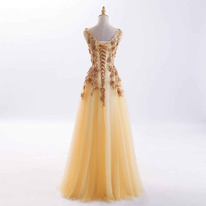 Beautiful Tulle Long Formal Gowns, Flowers Party Dresses, Long Prom Dress