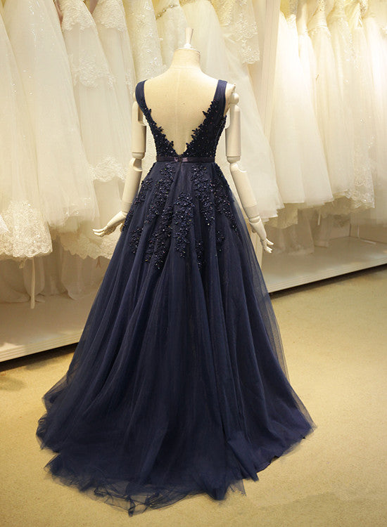 Navy Blue Tulle V Back Long Party Dress, Elegant Prom Gowns, Formal Dress
