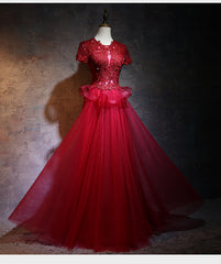 Beautiful Red Tulle Long Prom Dress, A-line Cap Sleeves Formal Dress 2021