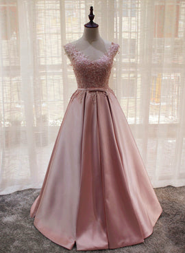 Beautiful Pink Satin V-neckline Party Gown , Handmade Lace Top Fashion Formal Dress