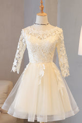 Light Champagne Lace 1/2 Sleeves Tulle New Homecoming Dress, Short Party Dress