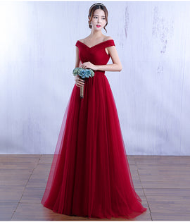 Elegant Wine Red Off Shoulder Tulle Long Party Dress, A-line Prom Dress