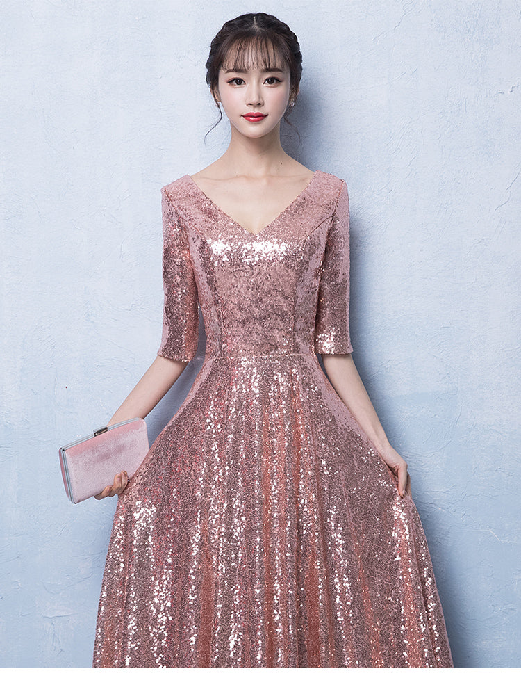 Peach Pink Sequins V-neckline Long Party Dress, Pink Bridesmaid Dress – Cutedressy