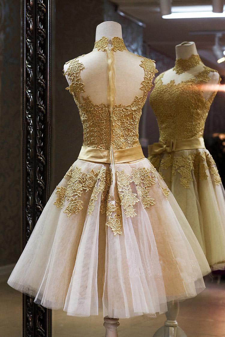 Champagne Tulle with Applique Elegant Vintage Style Prom Dress,  Knee Length Junior Prom Dress