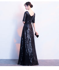 Black Sequins Floor Length 1/2 Sleeves Wedding Party Dress, Sequins Bridesmaid Dress