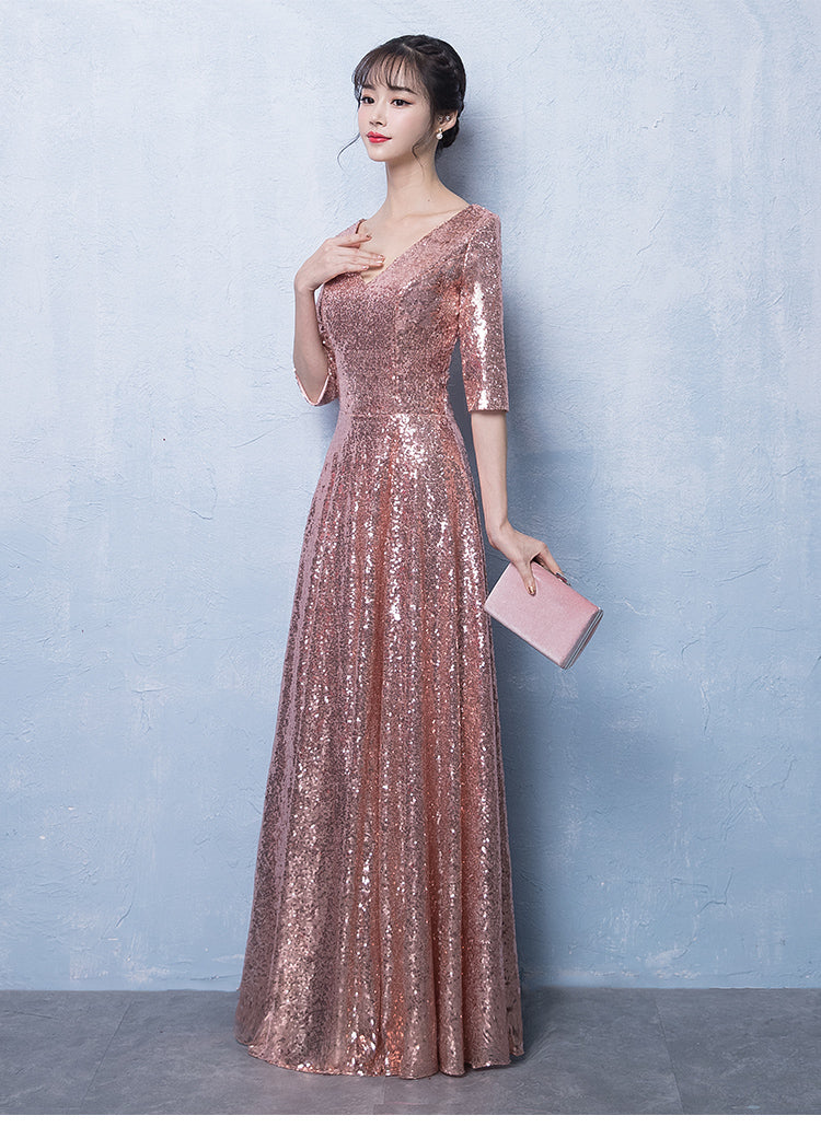 Peach Pink Sequins V-neckline Long Party Dress, Pink Bridesmaid Dress – Cutedressy