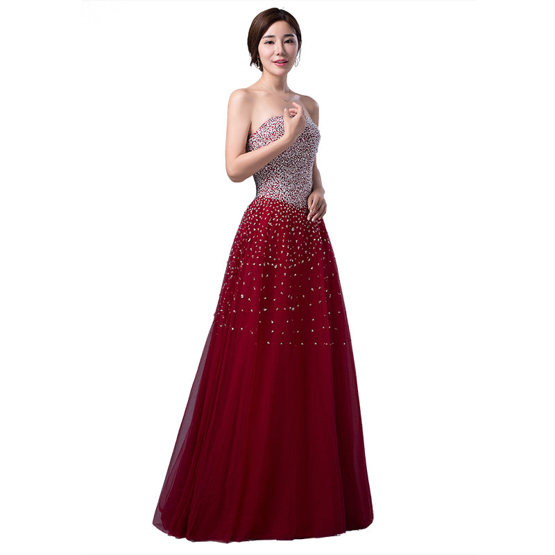 Wine Red Beaded Tulle Prom Dress 2019, Charming Formal Gowns , Prom Dresses