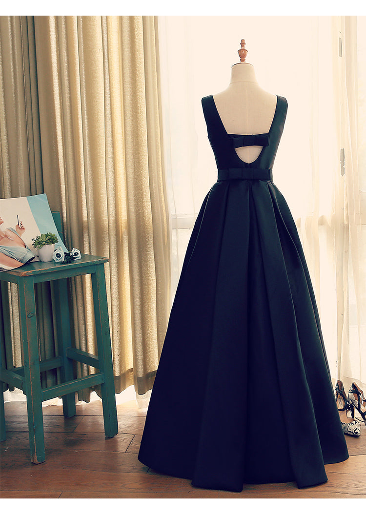 Black Round Neckline Satin Long Party Dress, A-line Floor Length Evening Dress Prom Dress