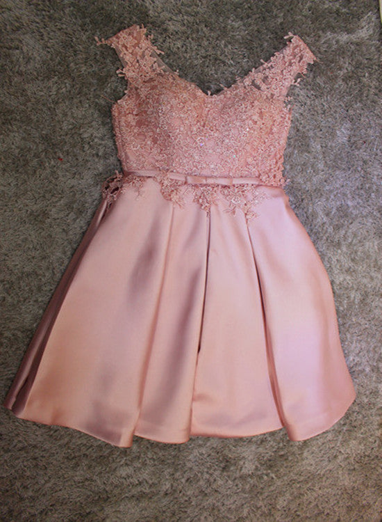 Pink Satin and Lace Knee Length Party Dress , Homecoming Dress