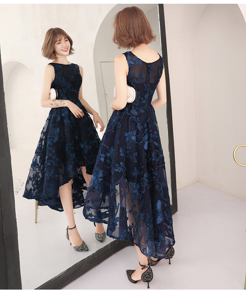 High Low Navy Blue Lace Bridesmaid Dress, Round Neckline Party Dress Cutedressy High Low Navy Blue Lace Bridesmaid Dress, Round Neckline Party Dress Cutedressy