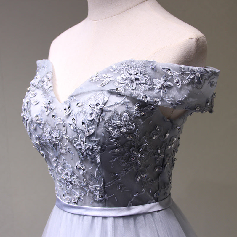 Grey Off Shoulder Elegant Tulle Lace-up Evening Gown, Grey Formal Dress