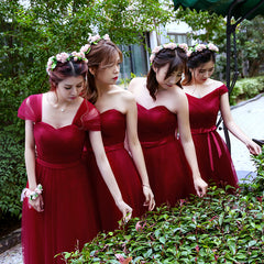 Wine Red Tulle Mismatch Long A-line Prom Dresses, Dark Red Formal Dress Evening Dresses