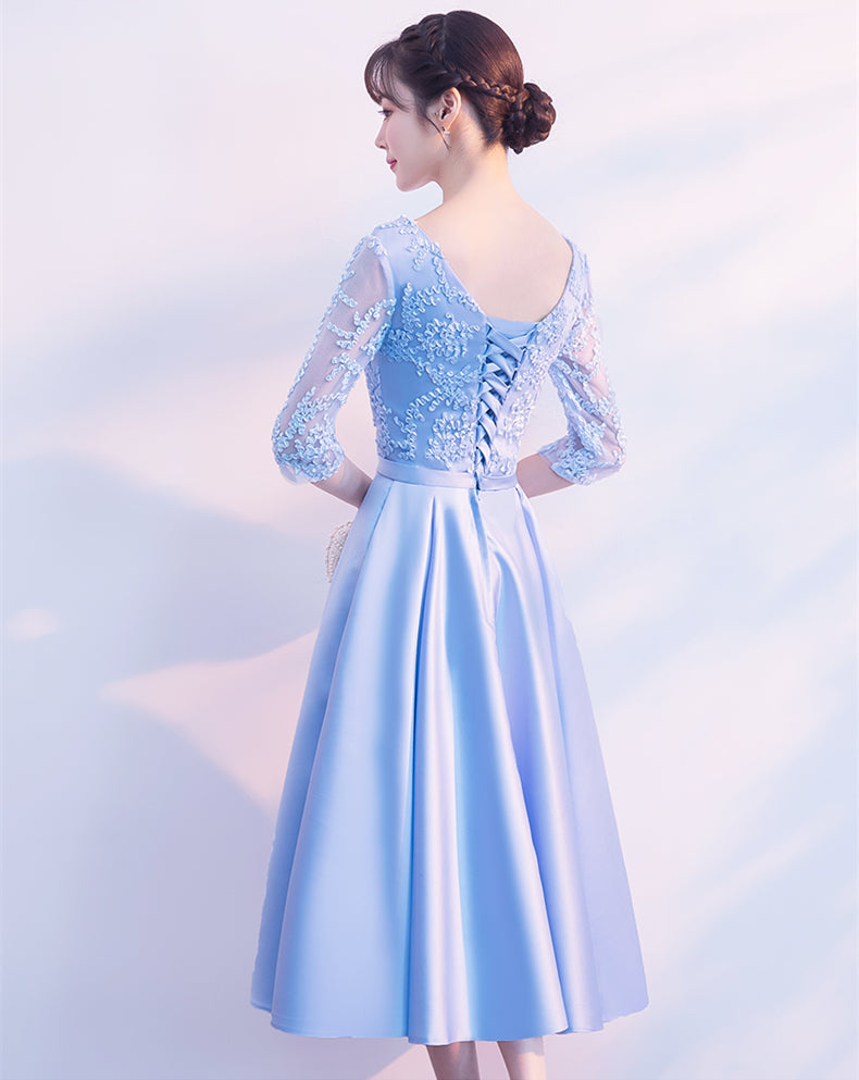 Light Blue Satin Tea Length Bridesmaid Dress, Short Sleeves Party Dres Cutedressy Light Blue Satin Tea Length Bridesmaid Dress, Short Sleeves Party Dres Cutedressy