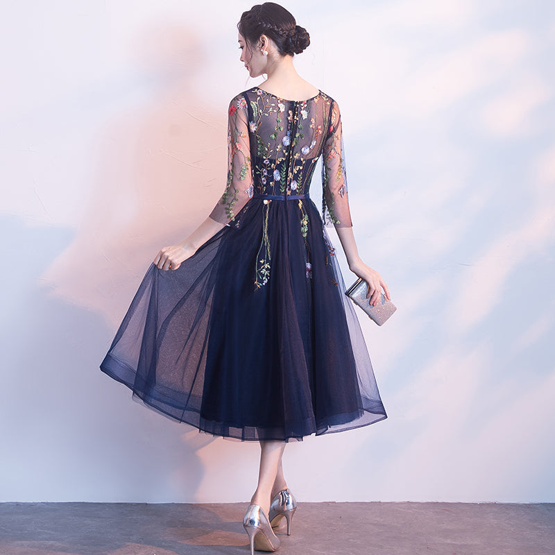 Navy Blue Lace Floral Tulle Tea Length Wedding Party Dress, Blue Forma Cutedressy Navy Blue Lace Floral Tulle Tea Length Wedding Party Dress, Blue Forma Cutedressy