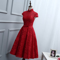Red Lace Knee Length High Neckline Party Dress, Lace Homecoming Dresses