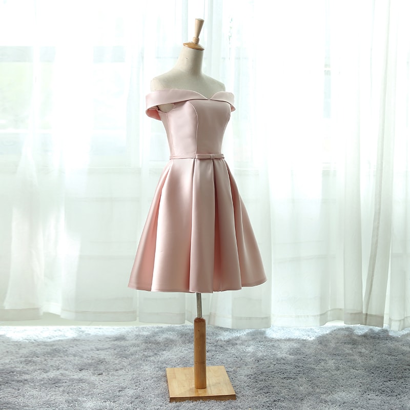 Pink Satin Off Shoulder Knee Length Party Dress, Cute Formal Dress Cutedressy Pink Satin Off Shoulder Knee Length Party Dress, Cute Formal Dress Cutedressy