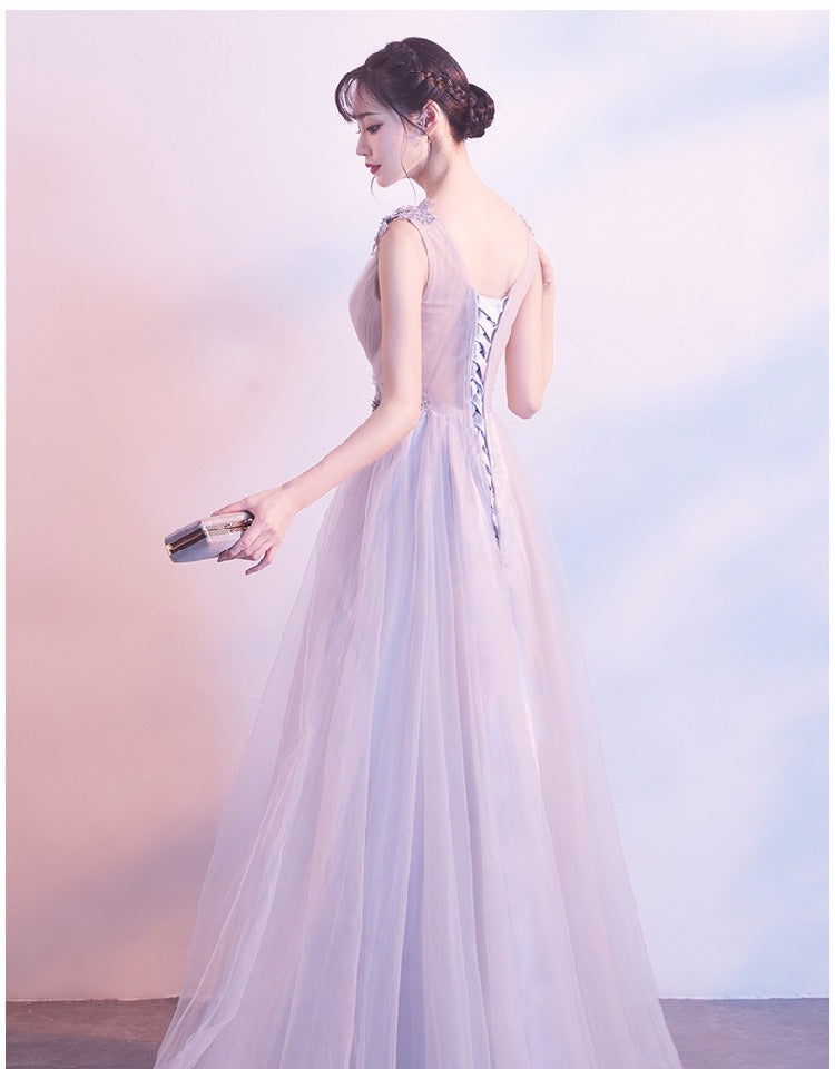 Grey V-neckline Long Prom Dress, Tulle Elegant Party Dress, Lovely Wedding Party Dress