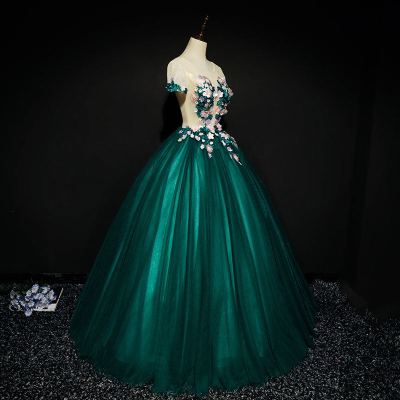 Dark Green Tulle Round Neckline Ball Gown Formal Dress, Quinceanera Dr Cutedressy Dark Green Tulle Round Neckline Ball Gown Formal Dress, Quinceanera Dr Cutedressy