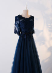 Charming Navy Blue Tulle Long Party Dress , Blue Prom Dress