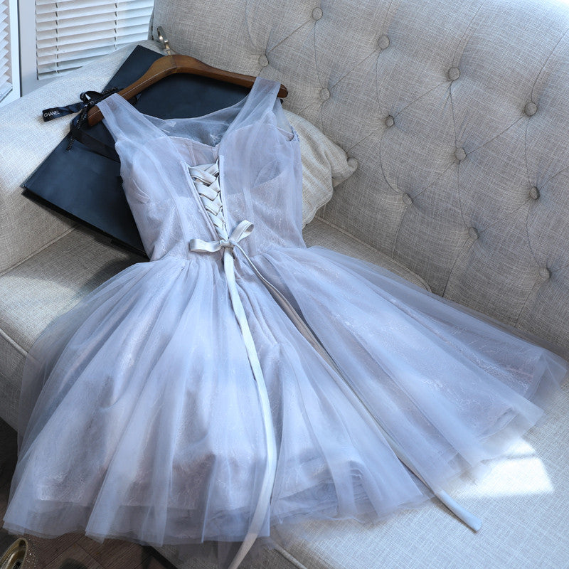 Light Grey Tulle Round Neckline Short Party Dresses, Grey Homecoming Dresses