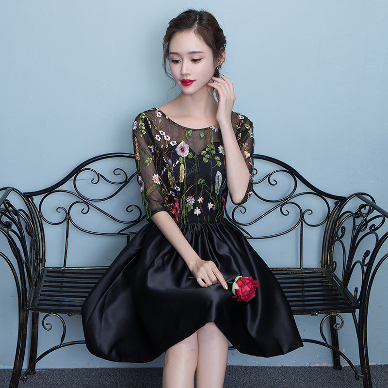 Black Floral Lace Short Sleeves Homeocming Dress, Back Party Dress Wedding Party Dress