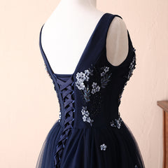 Navy Blue Flower with Applique Round Neckline Wedding Party Dress, Floor Length Party Dress