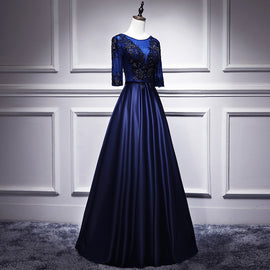 Navy Blue Satin with Lace Short Sleeves Long Prom Dresses, Blue Evening Dresses Formal Dress