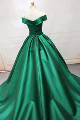 Green Satin Off Shoulder Long Formal Gown, Beautiful Party Dress, Floor Length Party Dress