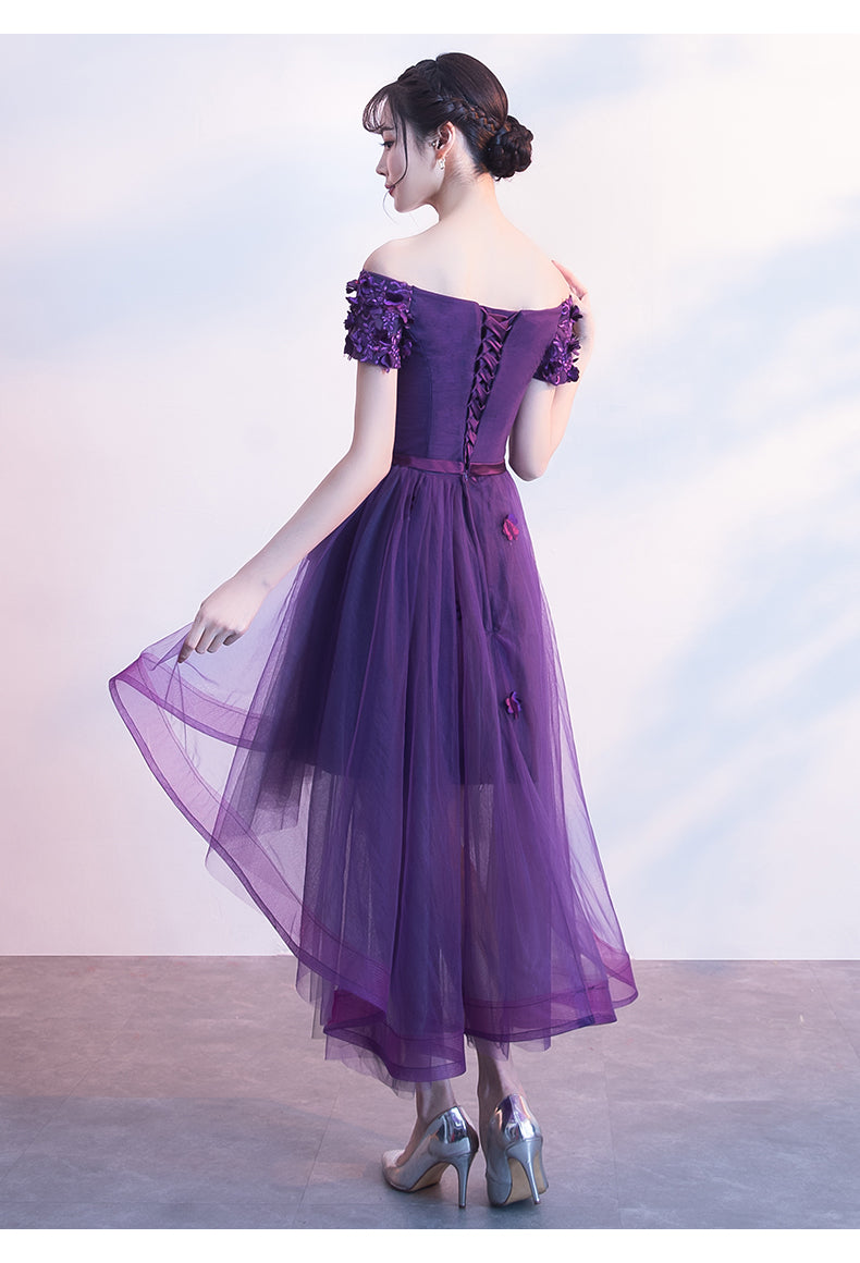 Dark Purple Off Shoulder High Low Dress, Beautiful Party Dresses Cutedressy Dark Purple Off Shoulder High Low Dress, Beautiful Party Dresses Cutedressy