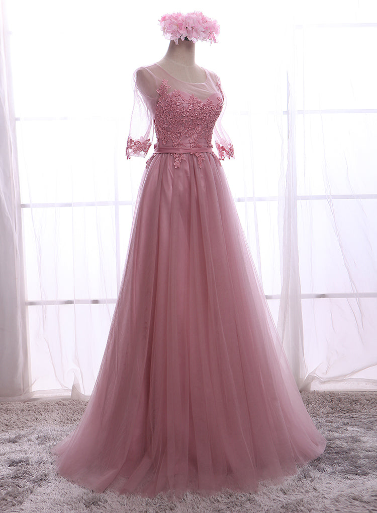 Lovely Dark Pink 1/2 Sleeves Tulle Bridesmaid Dress, Wedding Party Dress