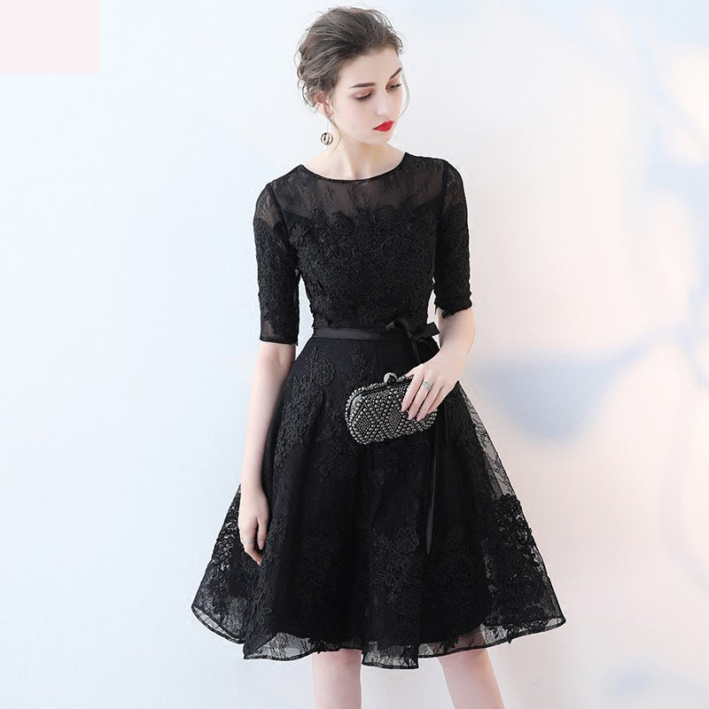 Cute Black Lace Short Sleeves Party Dress, Black Lace Homecoming Dress Cutedressy Cute Black Lace Short Sleeves Party Dress, Black Lace Homecoming Dress Cutedressy