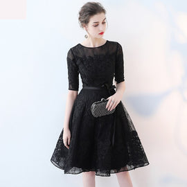 Cute Black Lace Short Sleeves Party Dress, Black Lace Homecoming Dress