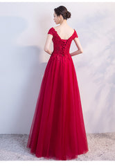 Red Tulle Cap Sleeves Long Prom Dress 2020, A-line Party Dress