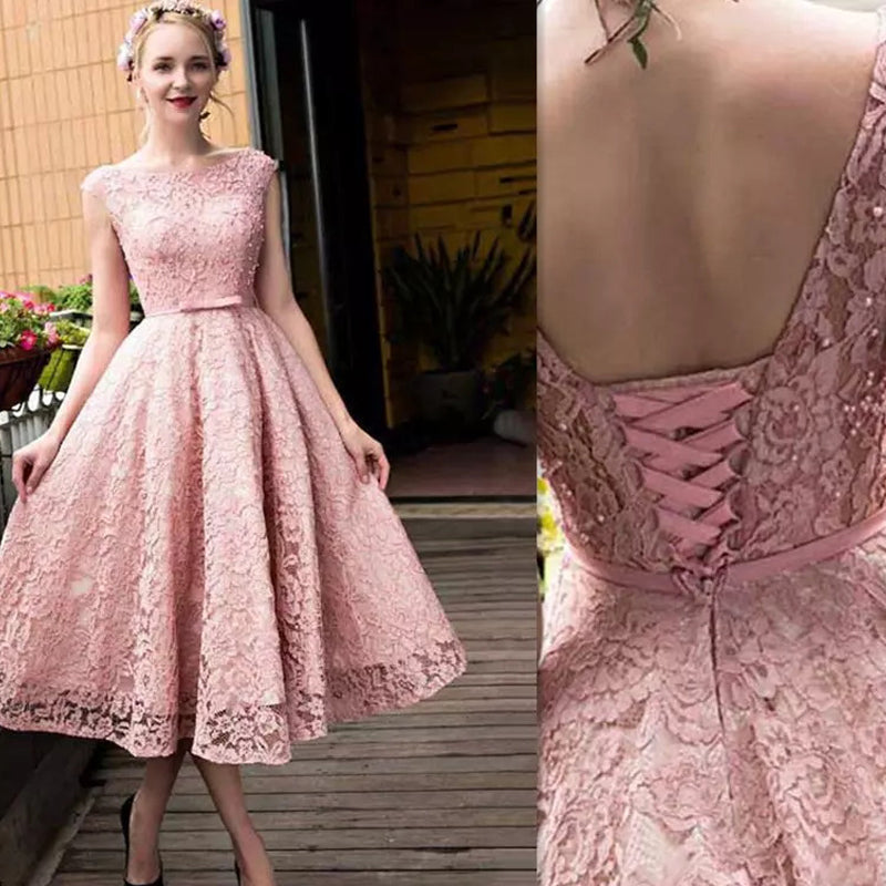 Pink Lace Tea Length Formal Dress, Beautiful Pink Prom Dresses, Lovely Party Dresses