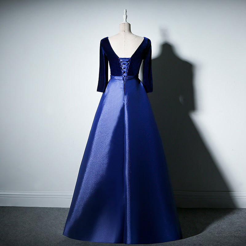 Charming Royal Blue Satin with Velvet Long Prom Dress, Bridesmaid Dress