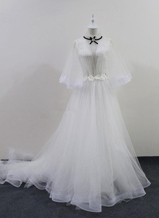 Beautiful White Tulle with Sleeves Long Party Gown, White Evening Dress