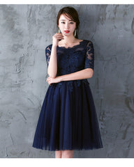 Navy Blue Lace Short Sleeves Tulle Short Homecoming Dress, Blue Tulle Prom Dress Formal Dress