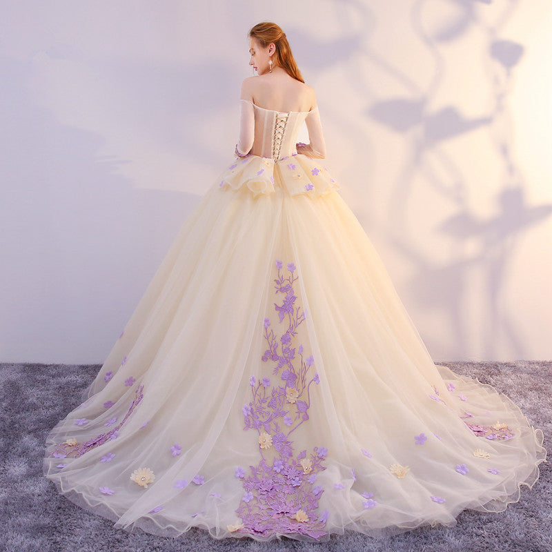 Unique Champagne Tulle Ball Gown with Lavender Flowers Formal Dress, S – Cutedressy