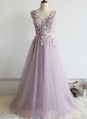 Lovely Pink V-neckline Floral Lace Party Dress, Pink Formal Dress