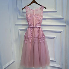 Lovely Dark Pink Beaded and Applique Cute Tea Length Tulle Formal Dress, O-neckline Party Dress