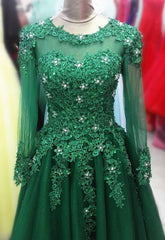 Long Sleeves Green Tulle Party Dress , Beaded and Lace Prom Dress