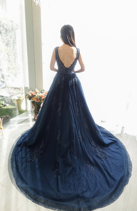 Navy Blue Tulle Beaded and Lace Applique Long Formal Gown, Elegant Prom Dress, Junior Party Gowns
