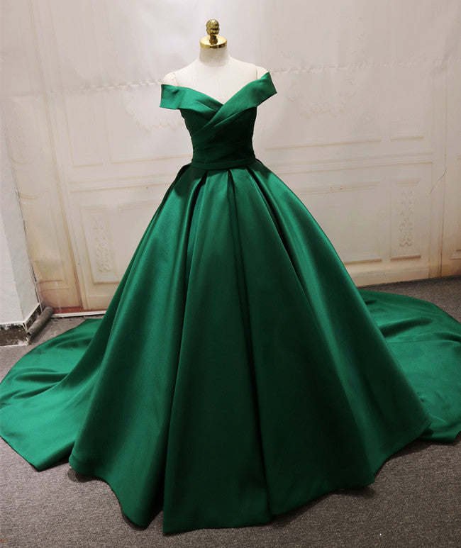 Green Satin Off Shoulder Long Formal Gown, Beautiful Party Dress, Floo Cutedressy Green Satin Off Shoulder Long Formal Gown, Beautiful Party Dress, Floo Cutedressy