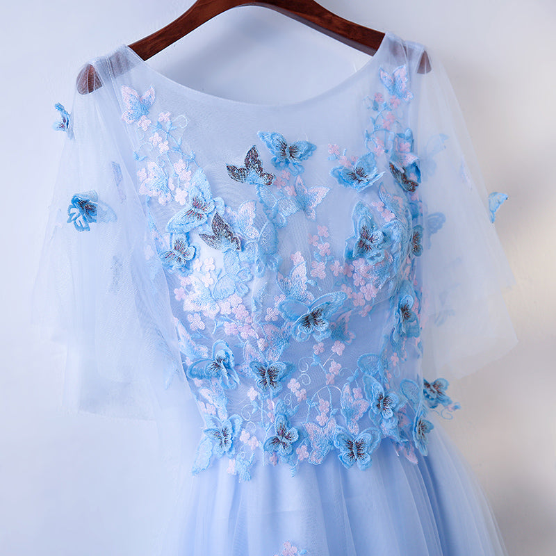 Simple A-line Blue Tulle with Lace Applique, Blue Floor Length Prom Dress