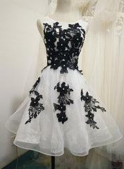 White Tulle and Lace Knee Length Party Dress with Black Lace, Cute Party Dress