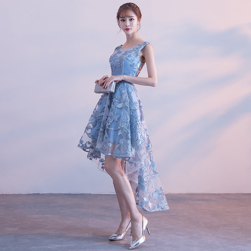 Light Blue Lace Knee Length Round Neckline Party Dress, Charming Blue Prom Dress