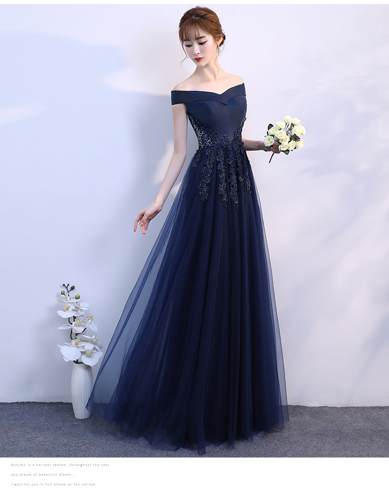 Navy Blue Off  Shoulder Tulle A-line Long Evening Dress, Simple Prom Dress Party Dress