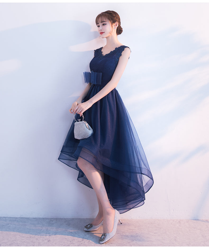 Navy Blue V-neckline High Low Tulle Party Dress, Blue Homecoming Dress