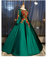 Dark Green Satin Long Ball Gown Sweet 16 Dress, Green Prom Dress